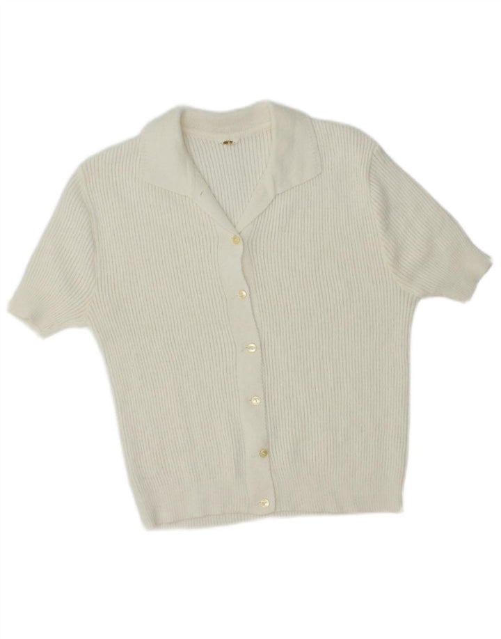 VINTAGE Womens Short Sleeve Cardigan Sweater UK 14 Medium White