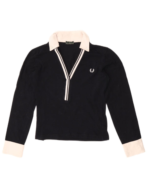 Fred Perry Womens Crop Rugby Polo Shirt UK 12 Medium Navy Blue Colourblock