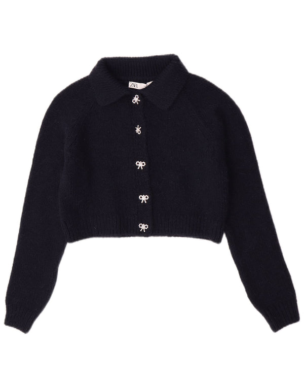 Zara Womens Crop Cardigan Sweater UK 10 Small Navy Blue Acrylic