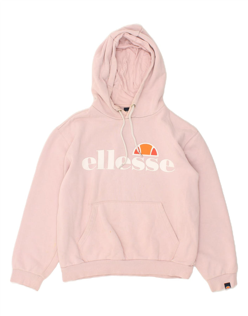 ELLESSE Womens Loose Fit Graphic Hoodie Jumper UK 12 Medium Pink Cotton | Vintage Ellesse | Thrift | Second-Hand Ellesse | Used Clothing | Messina Hembry 