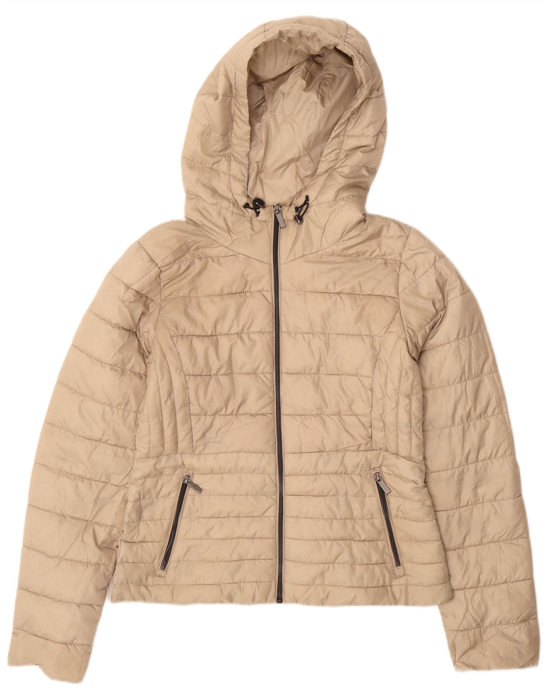 Zara Womens Hooded Padded Jacket UK 14 Medium Beige Polyester
