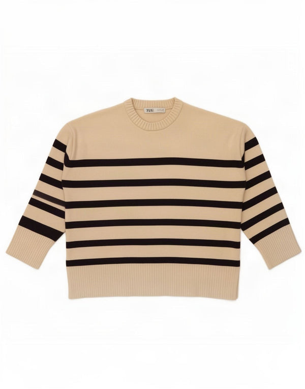 Zara Womens Oversized Crew Neck Jumper Sweater UK 16 Large Beige Striped