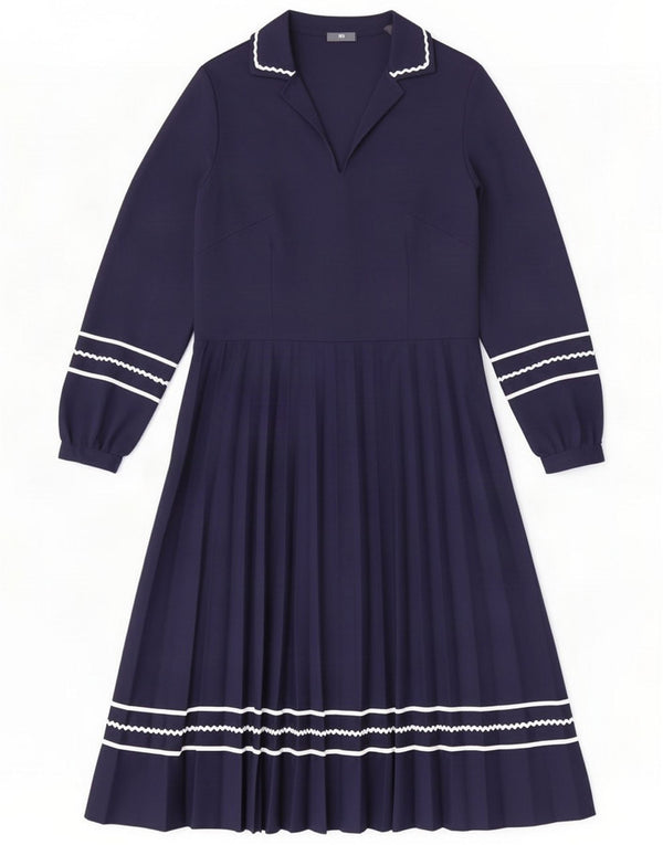Vintage Womens Long Sleeve A-Line Dress IT 44 Medium Navy Blue Striped