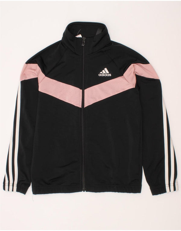 Adidas Girls Tracksuit Top Jacket 9-10 Years Black Colourblock Polyester