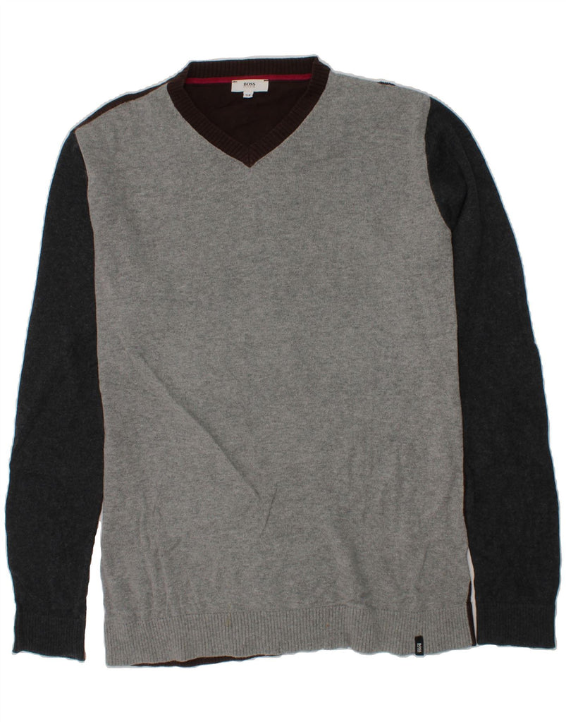 HUGO BOSS Boys V-Neck Jumper Sweater 15-16 Years Grey Colourblock Cotton Vintage Hugo Boss and Second-Hand Hugo Boss from Messina Hembry 