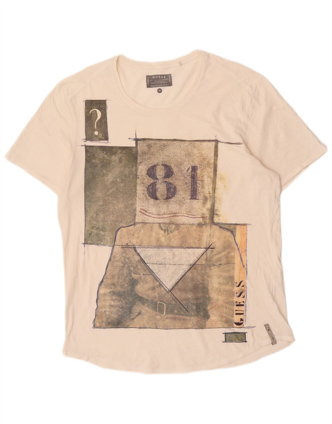 Guess Mens Regular Fit Graphic T-Shirt Top Medium Off White