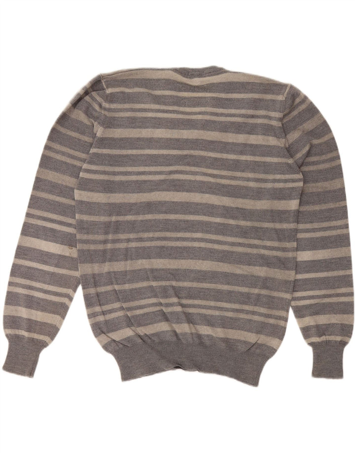 BROOKSFIELD Mens V-Neck Jumper Sweater IT 50 Medium Grey Striped Wool Vintage Brooksfield and Second-Hand Brooksfield from Messina Hembry 