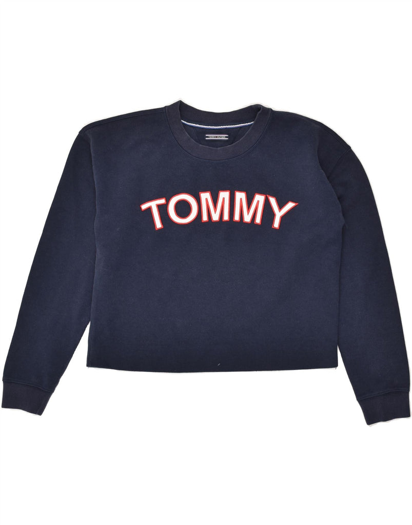 TOMMY HILFIGER Womens Graphic Sweatshirt Jumper UK 14 Medium Navy Blue | Vintage Tommy Hilfiger | Thrift | Second-Hand Tommy Hilfiger | Used Clothing | Messina Hembry 