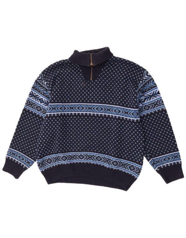 Vintage Mens Zip Neck Jumper Sweater Large Navy Blue Fair Isle Merino Wool