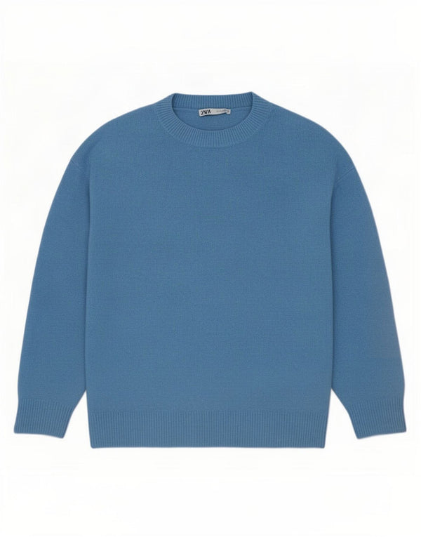 Zara Womens Oversized Crew Neck Jumper Sweater UK 10 Small Blue Acrylic