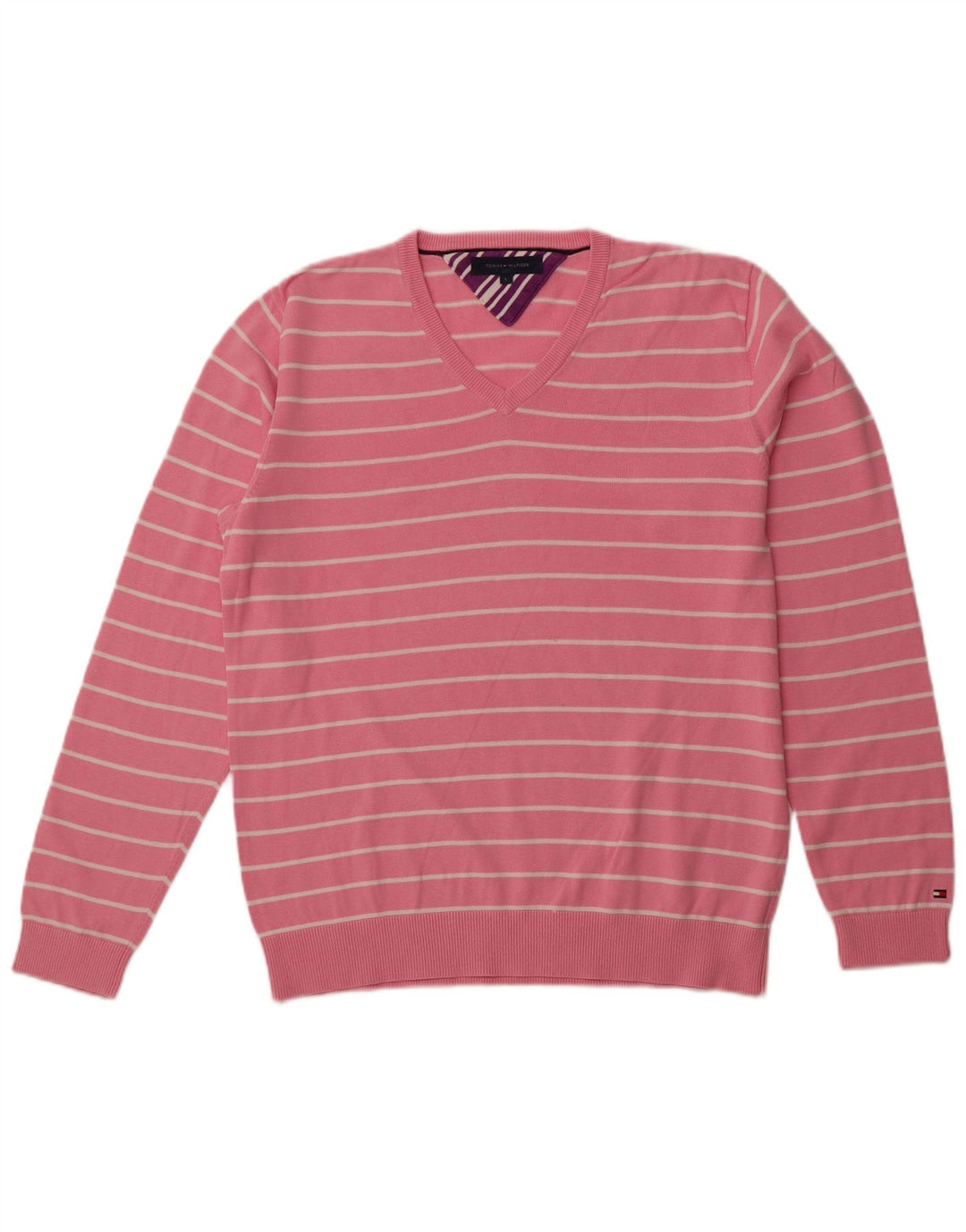 TOMMY HILFIGER Mens V-Neck Jumper Sweater Large Pink Striped Cotton