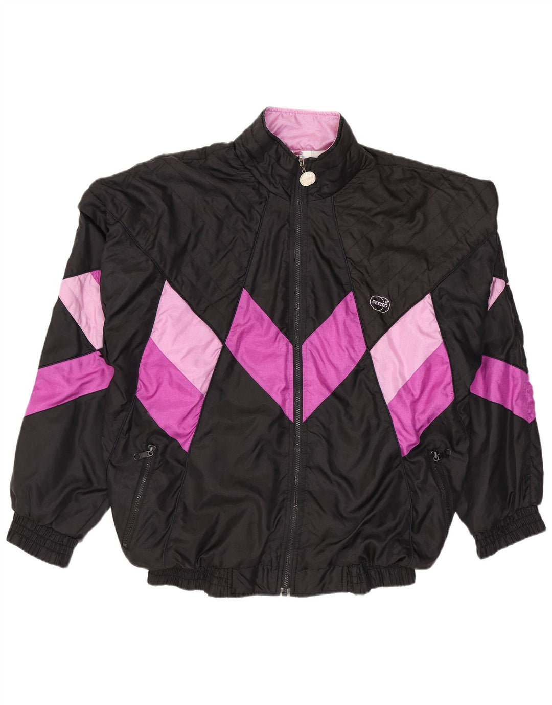 Vintage Mens Tracksuit Top Jacket Large Black Colourblock Polyester