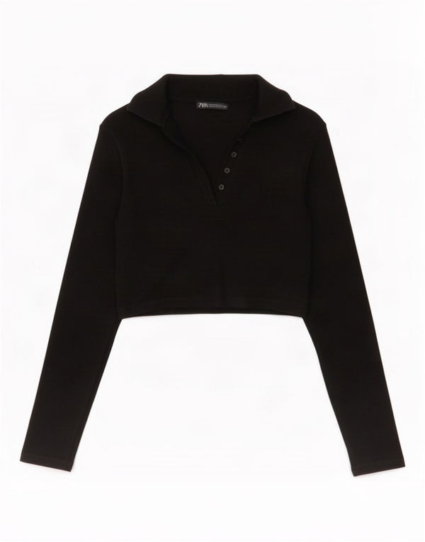 Zara Womens Crop Long Sleeve Polo Shirt UK 12 Medium Black