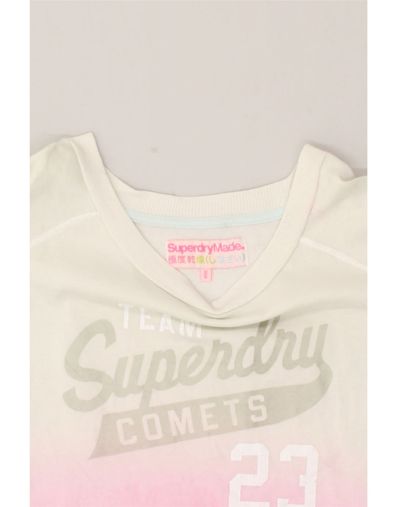 SUPERDRY Womens Crop Graphic Sweatshirt Jumper UK 6 XS White Colourblock | Vintage Superdry | Thrift | Second-Hand Superdry | Used Clothing | Messina Hembry 