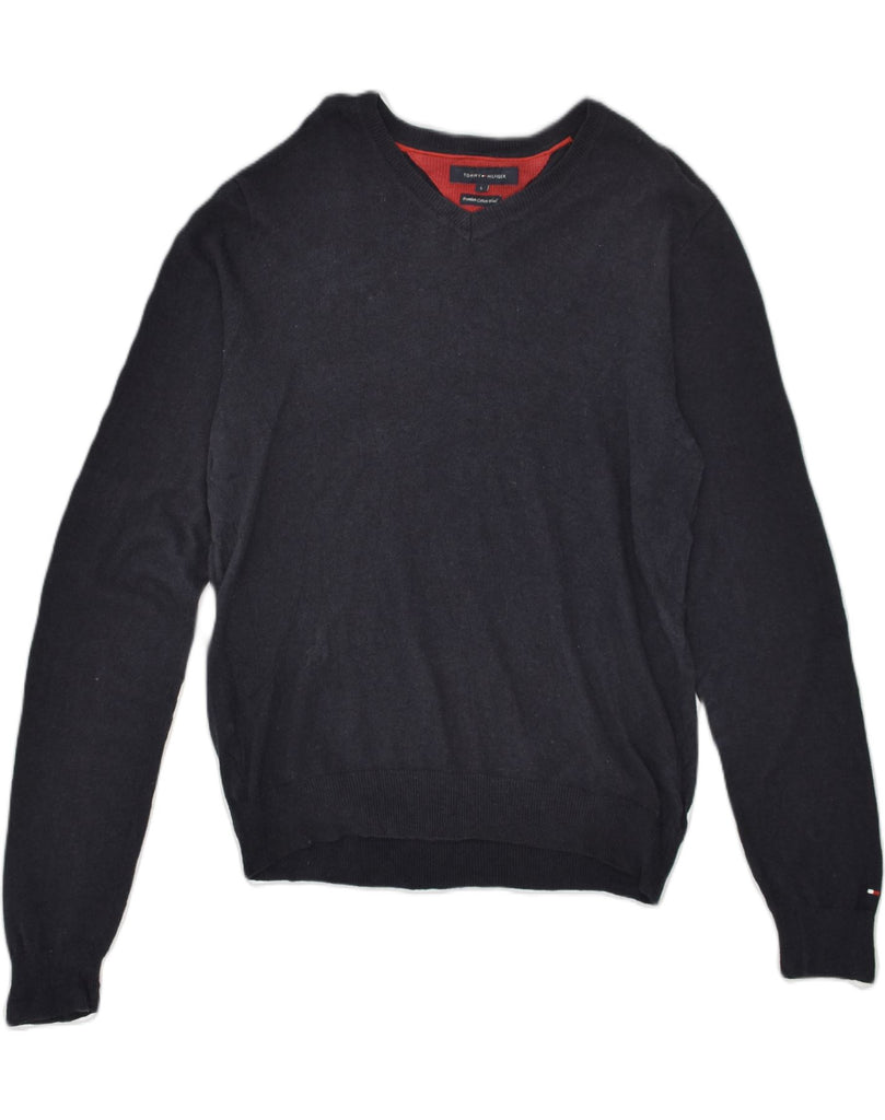 TOMMY HILFIGER Mens V-Neck Jumper Sweater Large Black Cotton | Vintage Tommy Hilfiger | Thrift | Second-Hand Tommy Hilfiger | Used Clothing | Messina Hembry 