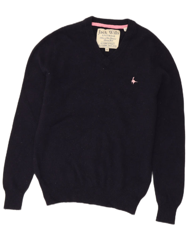 Jack Wills Womens V-Neck Jumper Sweater UK 14 Medium Navy Blue Merino Wool