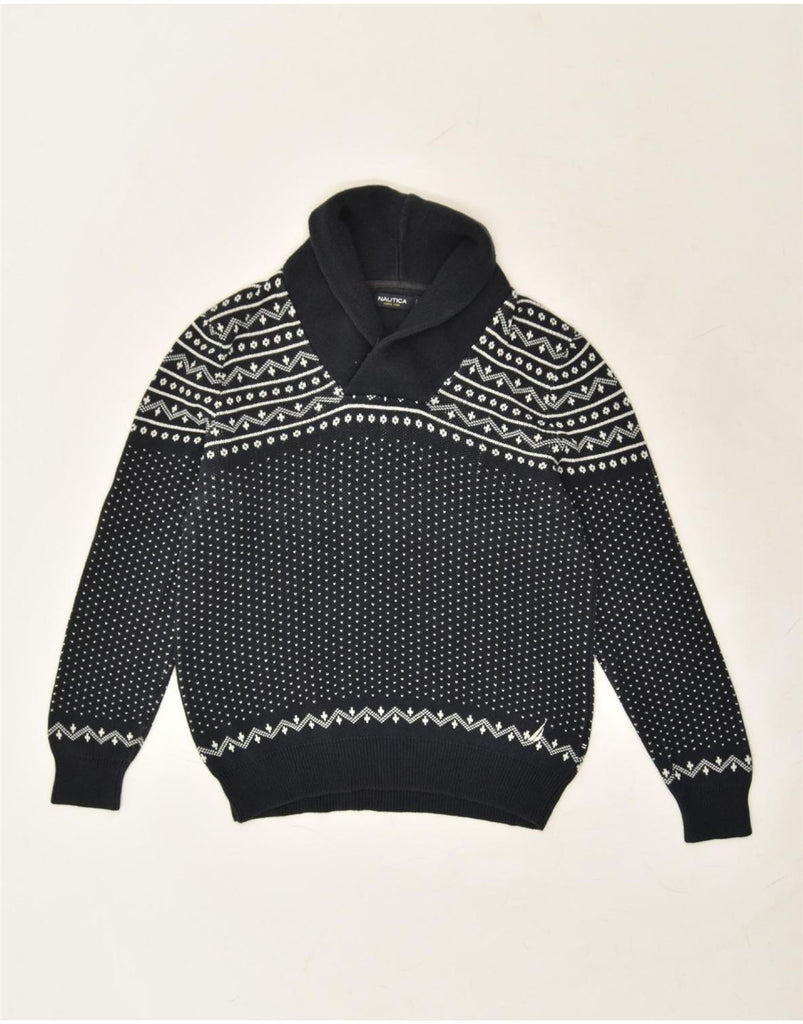 NAUTICA Mens Shawl Neck Jumper Sweater Medium Navy Blue Fair Isle Cotton | Vintage Nautica | Thrift | Second-Hand Nautica | Used Clothing | Messina Hembry 