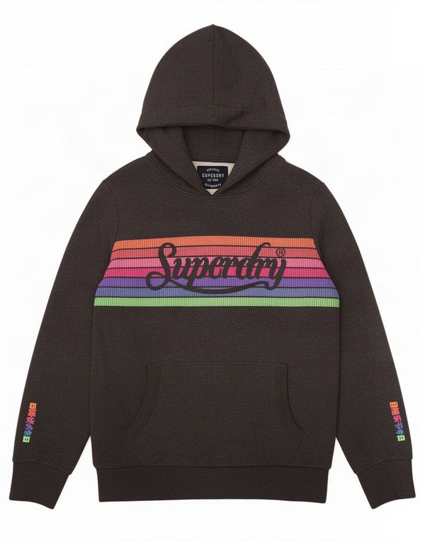 Superdry Womens Graphic Hoodie Jumper UK 16 Large Grey Striped Cotton
