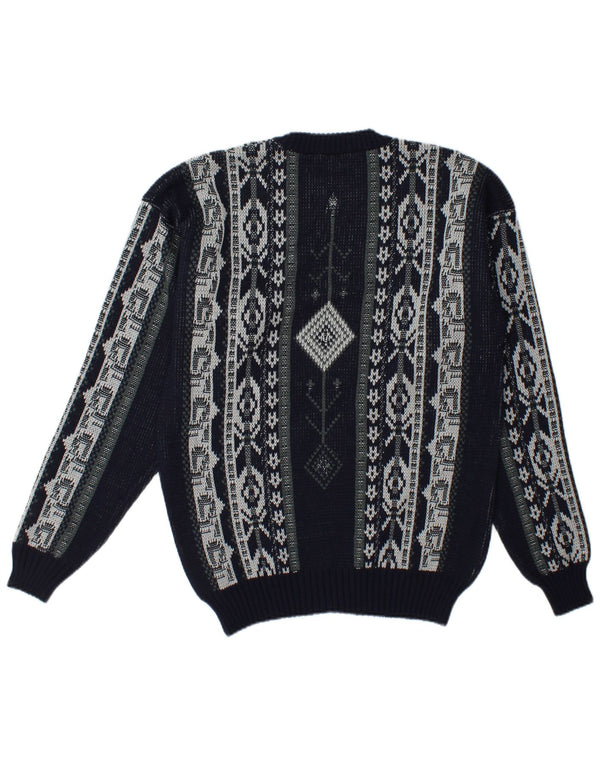 Vintage Mens Crew Neck Jumper Sweater Large Navy Blue Fair Isle