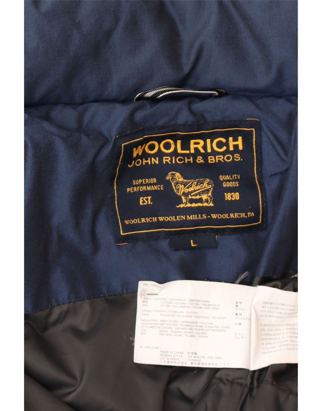 Woolrich Womens Padded Jacket UK 16 Large Navy Blue Cotton
