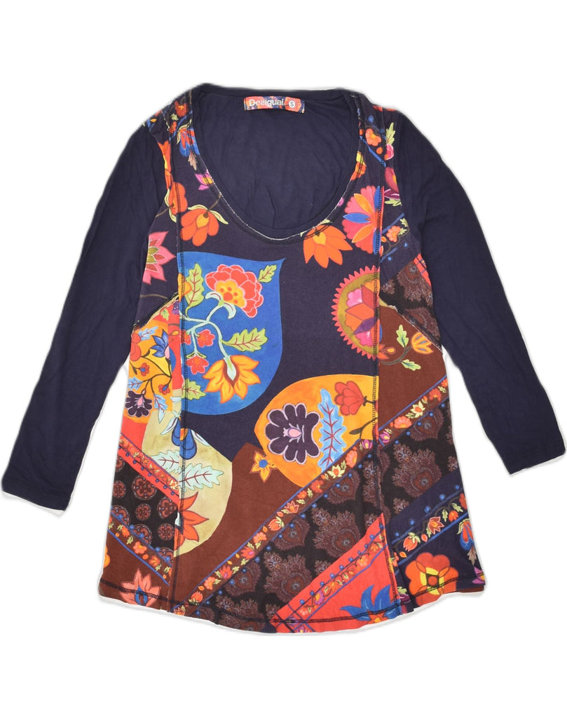 DESIGUAL Womens Graphic Top Long Sleeve UK 10 Small Navy Blue Patchwork | Vintage Desigual | Thrift | Second-Hand Desigual | Used Clothing | Messina Hembry 