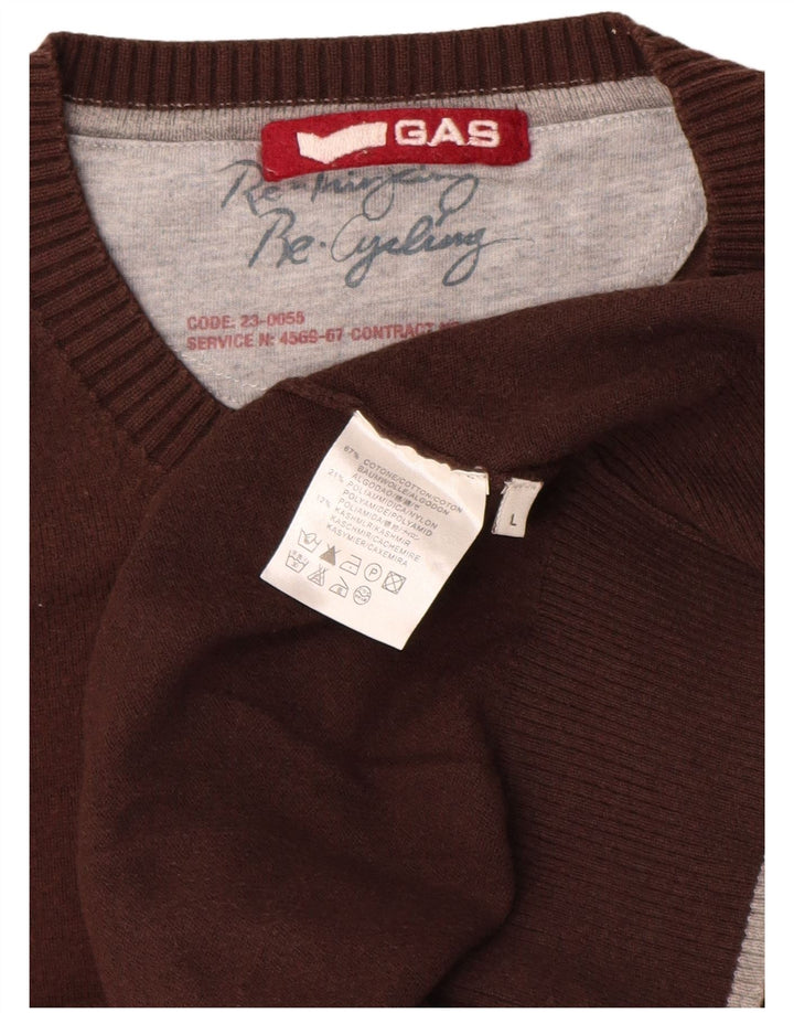 Gas Mens Crew Neck Jumper Sweater Large Brown Cotton