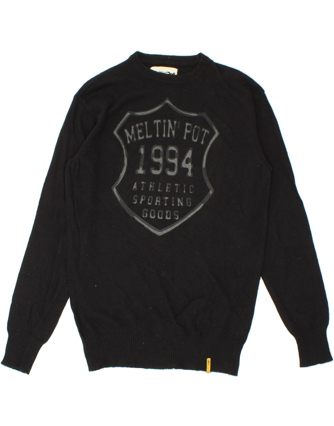 MELTIN' POT Mens Graphic Boat Neck Jumper Sweater Small Black Viscose Vintage Meltin' Pot and Second-Hand Meltin' Pot from Messina Hembry 