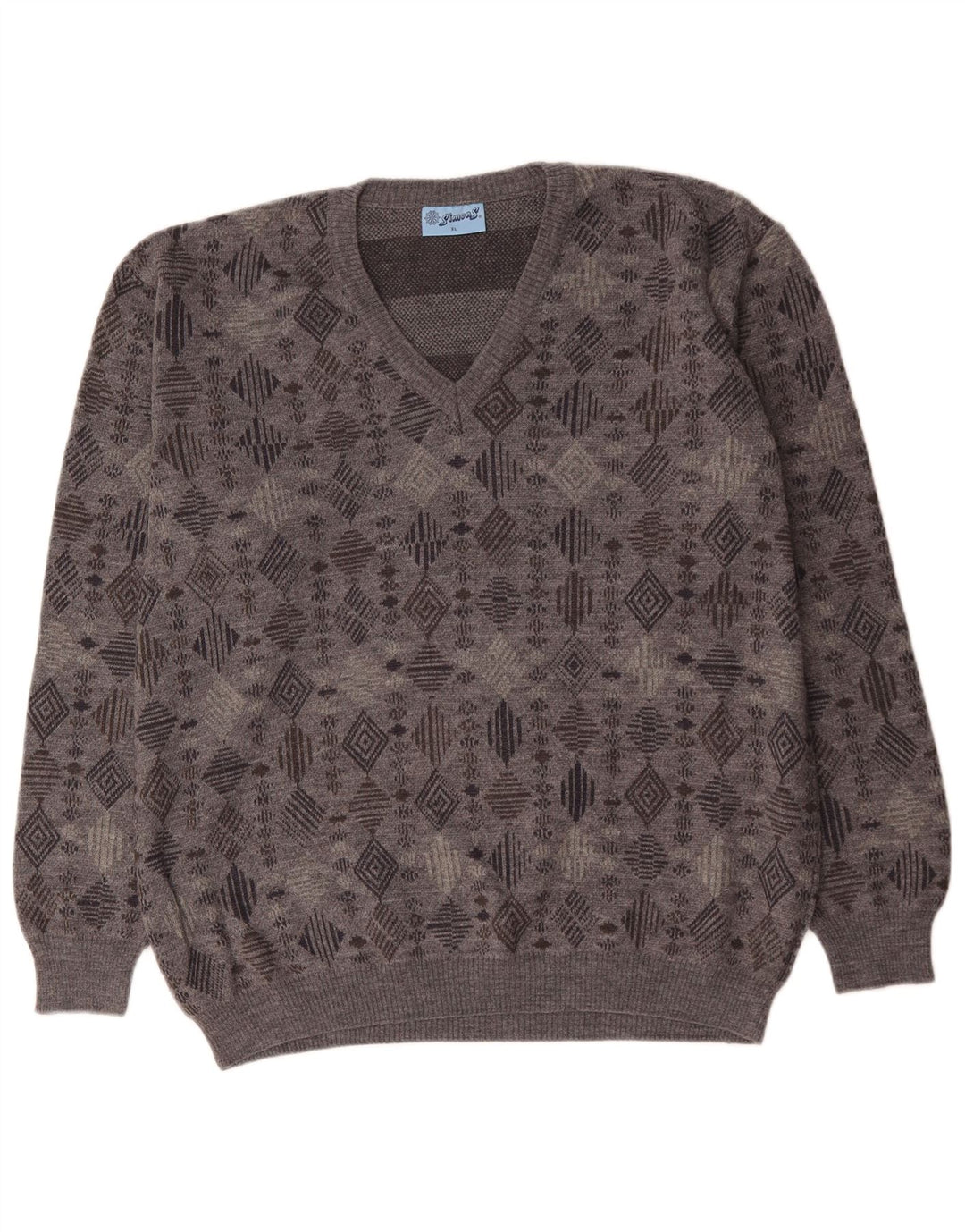 VINTAGE Mens V-Neck Jumper Sweater XL Grey Geometric