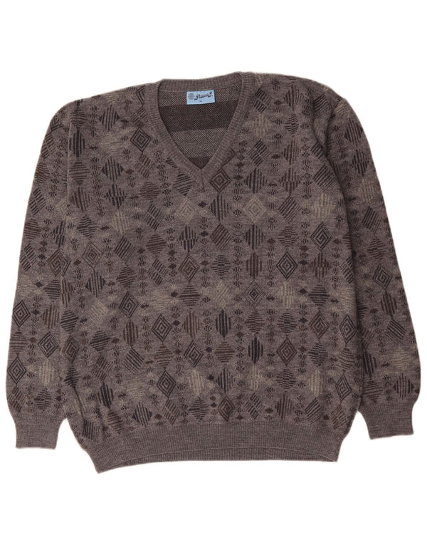 VINTAGE Mens V-Neck Jumper Sweater XL Grey Geometric