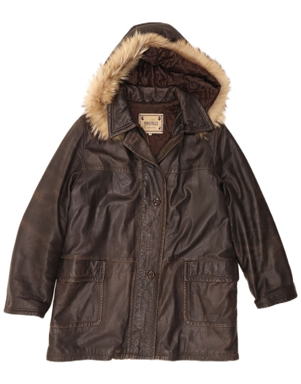 Vintage Womens Hooded Leather Coat IT 48 XL Brown