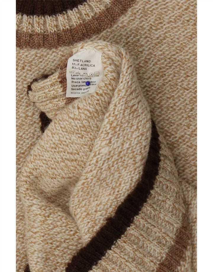 Vintage Mens Crew Neck Jumper Sweater Medium Beige Colourblock Acrylic