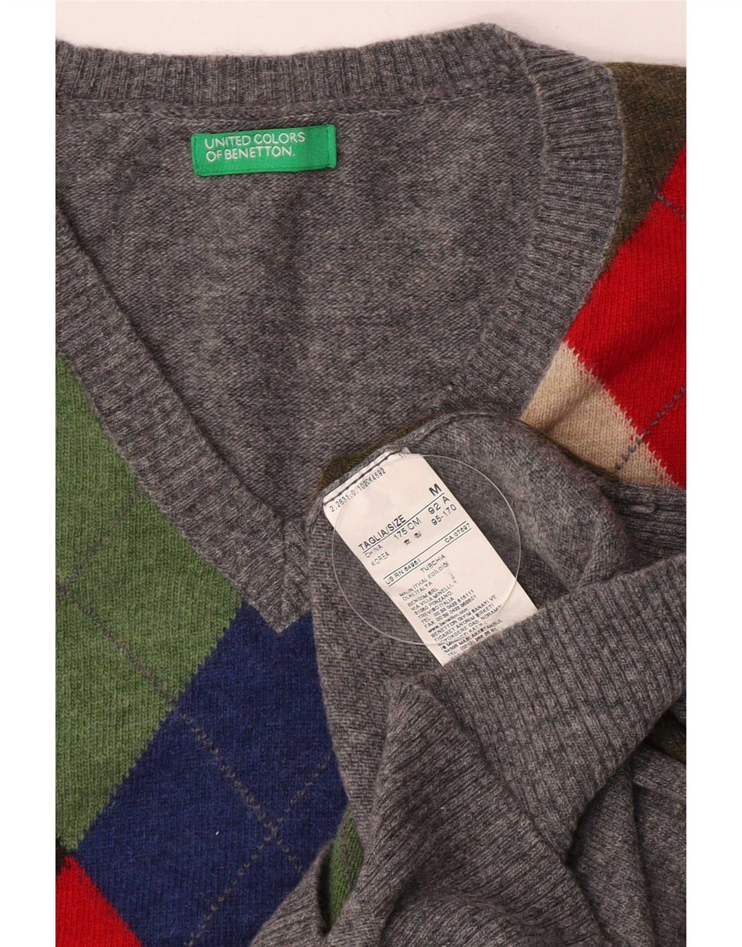 Benetton Mens V-Neck Jumper Sweater Medium Grey Argyle/Diamond Wool