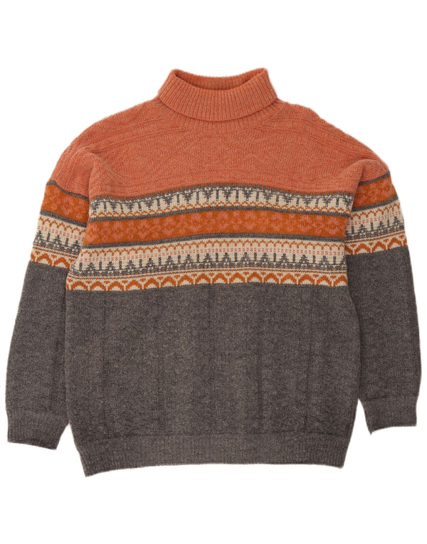 Vintage Mens Roll Neck Jumper Sweater Large Orange Fair Isle