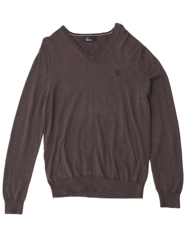 Fred Perry Mens V-Neck Jumper Sweater Large Grey Merino Wool
