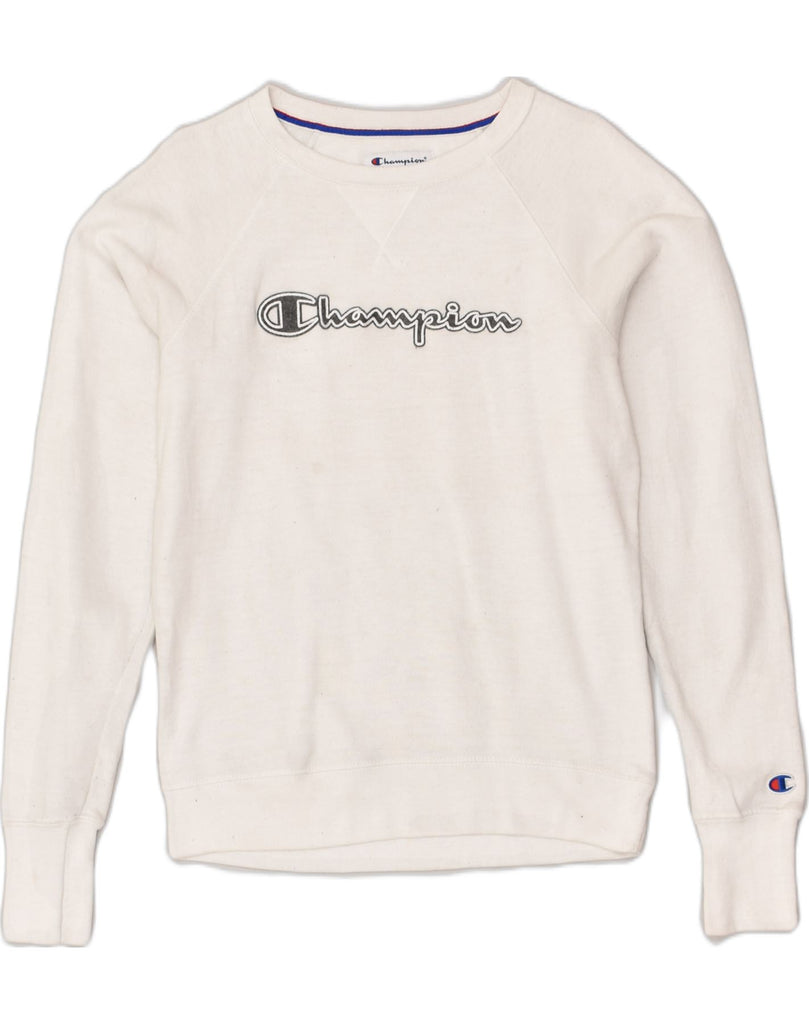 CHAMPION Mens Graphic Sweatshirt Jumper XS White Polyester | Vintage Champion | Thrift | Second-Hand Champion | Used Clothing | Messina Hembry 