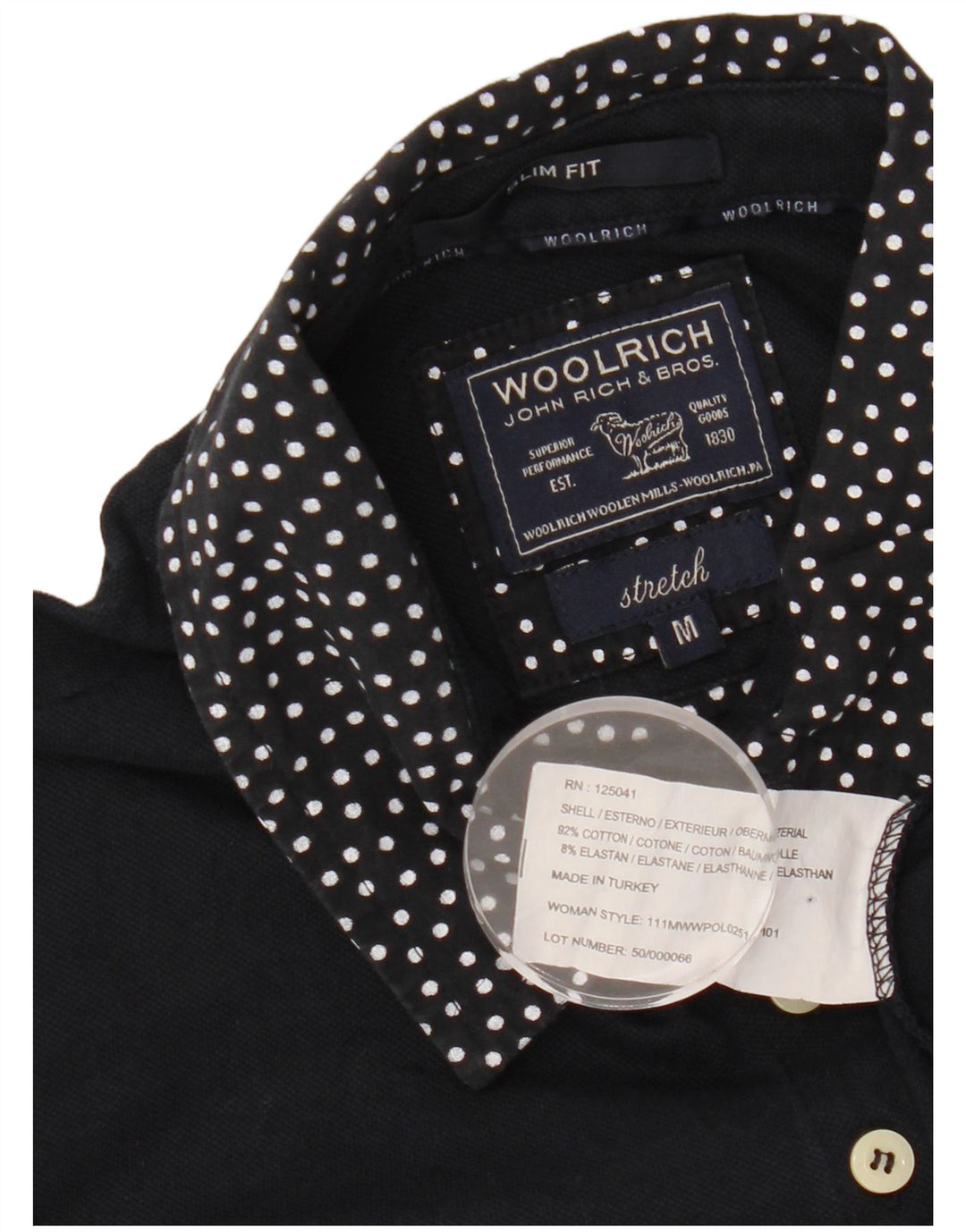 WOOLRICH Womens Slim Fit Polo Shirt UK 12 Medium Navy Blue Spotted Cotton