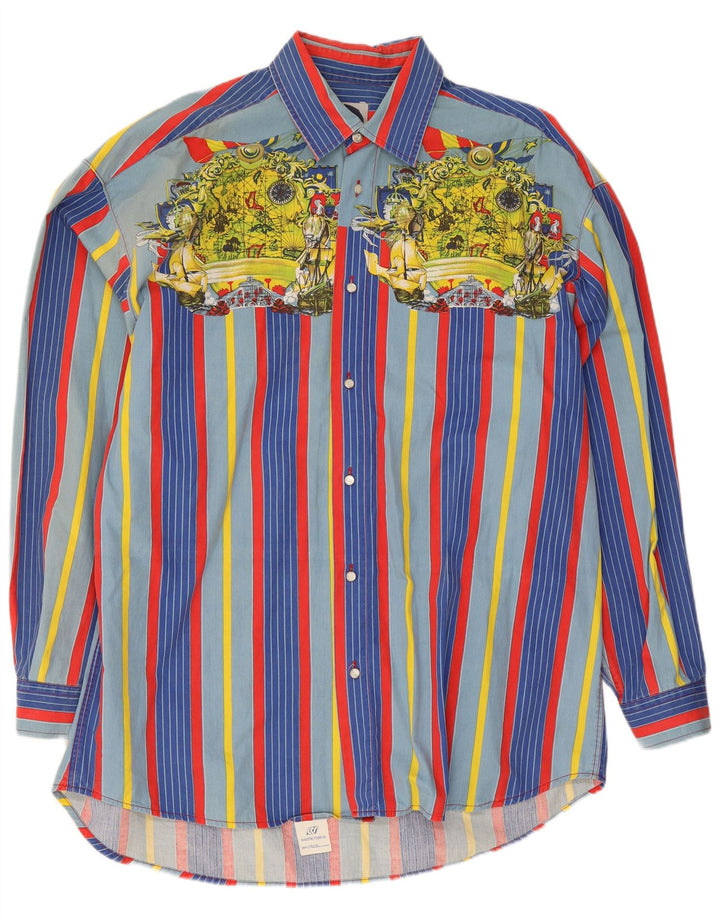 Vintage Mens Graphic Loose Fit Shirt Medium Multicoloured Striped Cotton