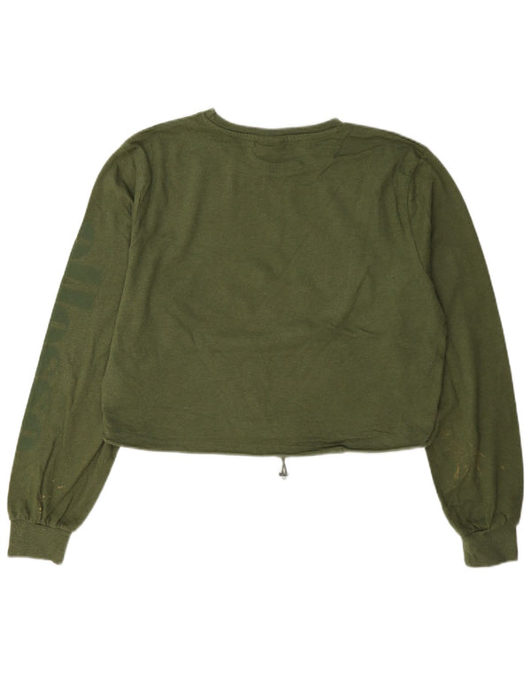 Ellesse Womens Crop Top Long Sleeve UK 12 Medium Green Cotton