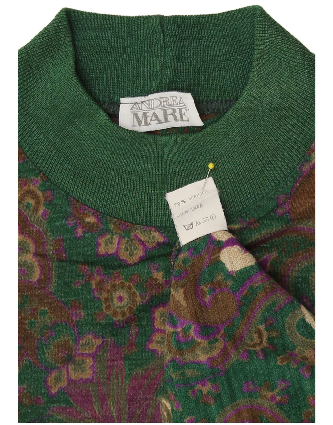 Andrea Mare Womens Turtle Neck Jumper Sweater UK 14 Medium Green Paisley