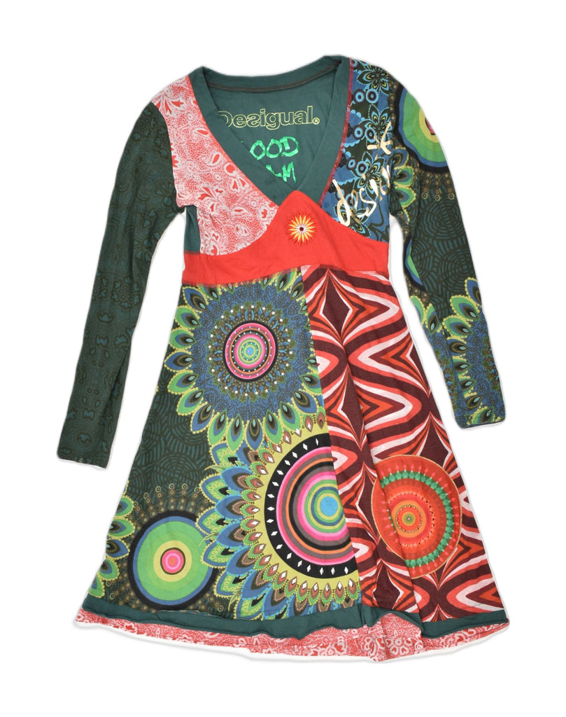 DESIGUAL Womens Long Sleeve Tunic Dress UK 10 Small Green Patchwork | Vintage | Thrift | Second-Hand | Used Clothing | Messina Hembry 