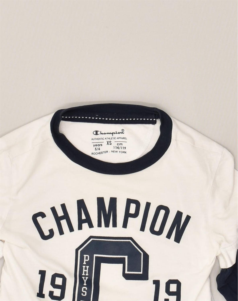 CHAMPION Boys Graphic Top Long Sleeve 5-6 Years XS White Colourblock | Vintage Champion | Thrift | Second-Hand Champion | Used Clothing | Messina Hembry 