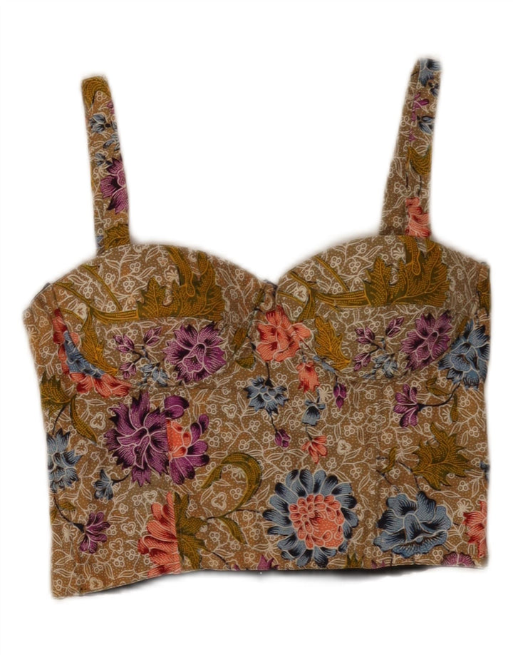 Vintage Womens Crop Cami Top UK 12 Medium Khaki Floral