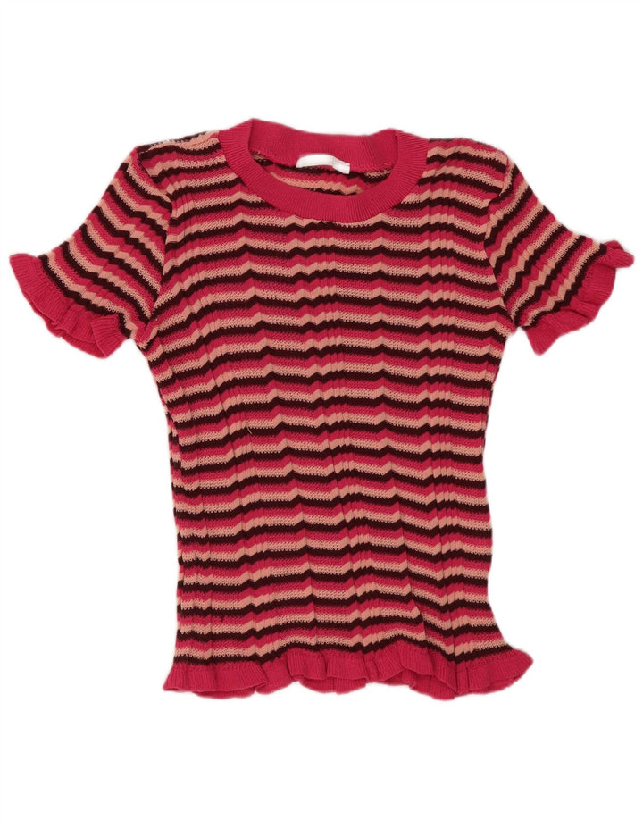 Zara Womens T-Shirt Top UK 8 Small Pink Striped Polyester