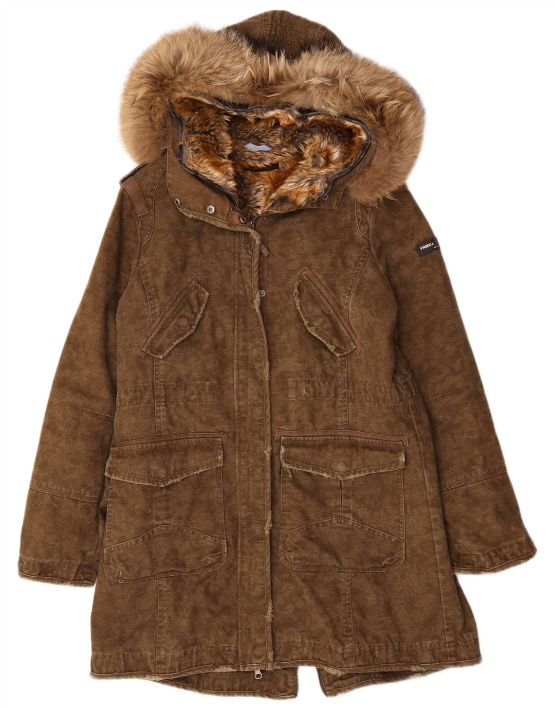 Frieda & Freddies Womens Hooded Parka Jacket EU 40 Medium Khaki Cotton