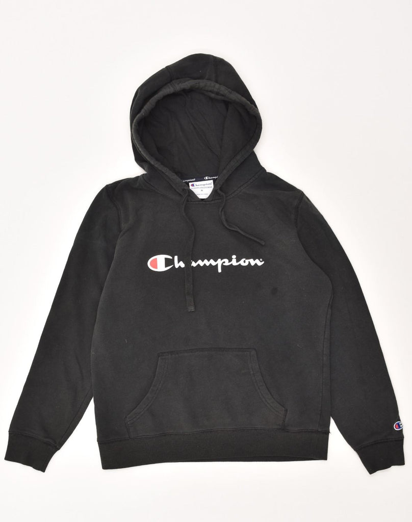 CHAMPION Womens Graphic Hoodie Jumper UK 14 Medium Black Cotton | Vintage Champion | Thrift | Second-Hand Champion | Used Clothing | Messina Hembry 