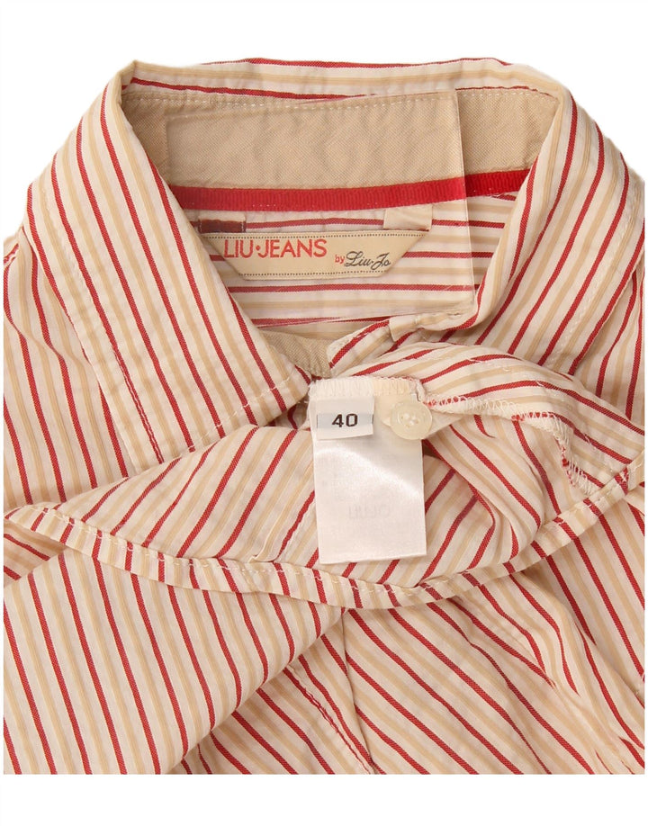 Liu Jo Womens Short Sleeve Shirt IT 40 Small Beige Pinstripe