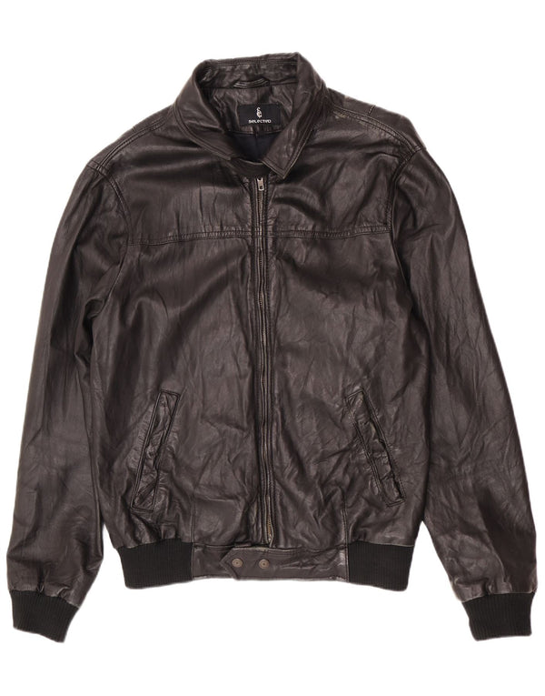 Selected Mens Leather Bomber Jacket UK 40 Large Black