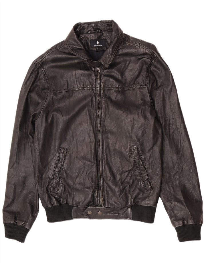 Selected Mens Leather Bomber Jacket UK 40 Large Black