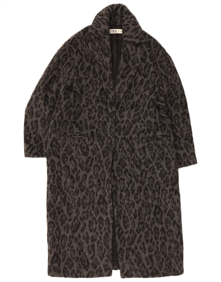 Zara Womens Oversized Overcoat UK 6 XS Grey Animal Print Wool