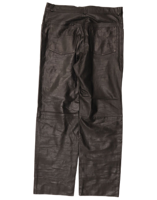 Vintage Womens Straight Leather Trousers IT 54 2XL W34 L30 Black Leather